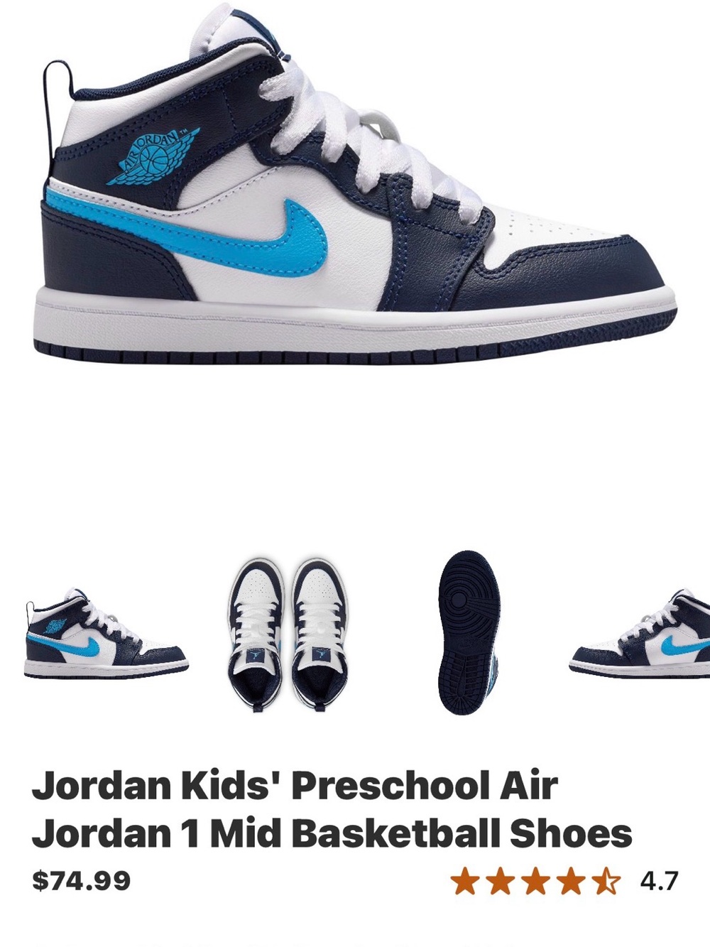 Jordan Kids Mid-Top Sneakers in White, Navy & Blue - Picture 10 of 10
